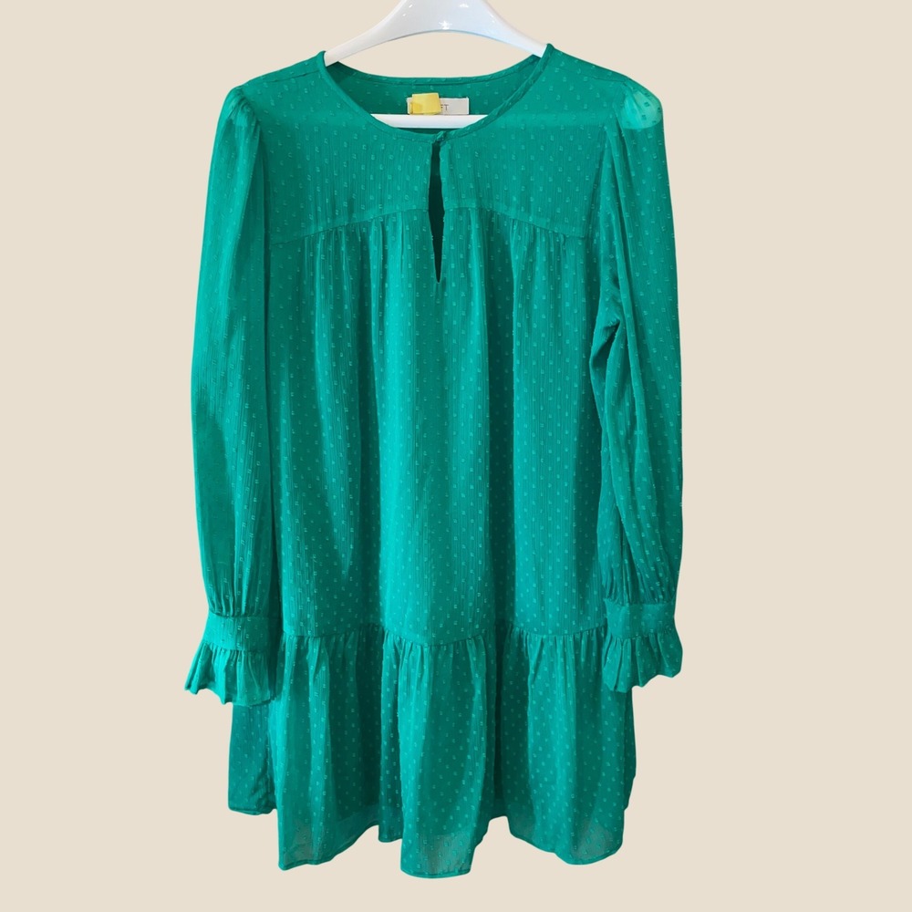 LOFT Green Clip Dot Long Sleeve Keyhole Mini Dress Large L Tiered Ruffle Hem